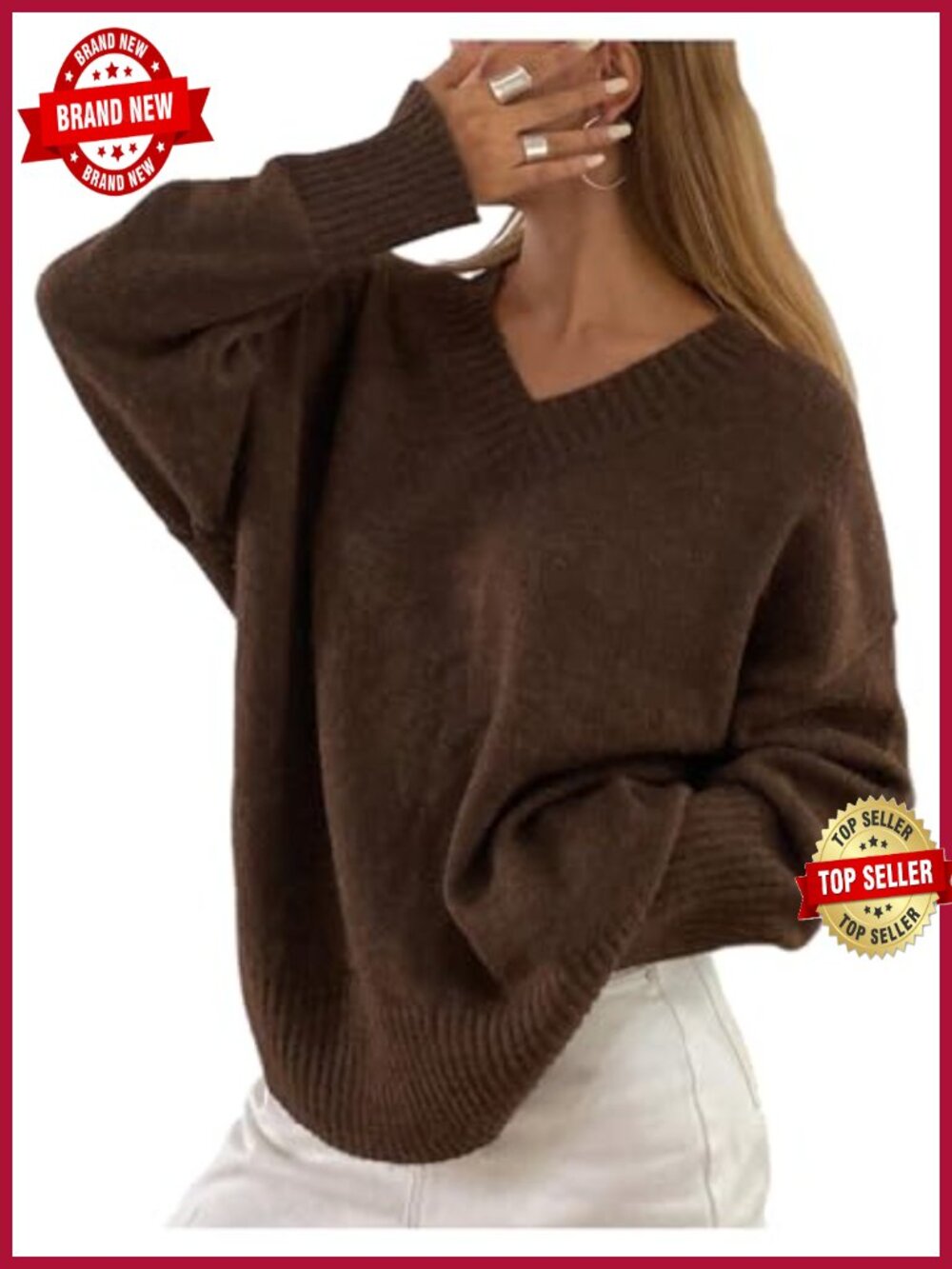 Oversized V Neck Drop Shoulder Knit Pullover Sweater